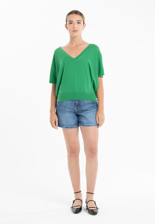 Pull col V manches chauve souris ultrafin cachemire et laine vert femme - KELLY 6