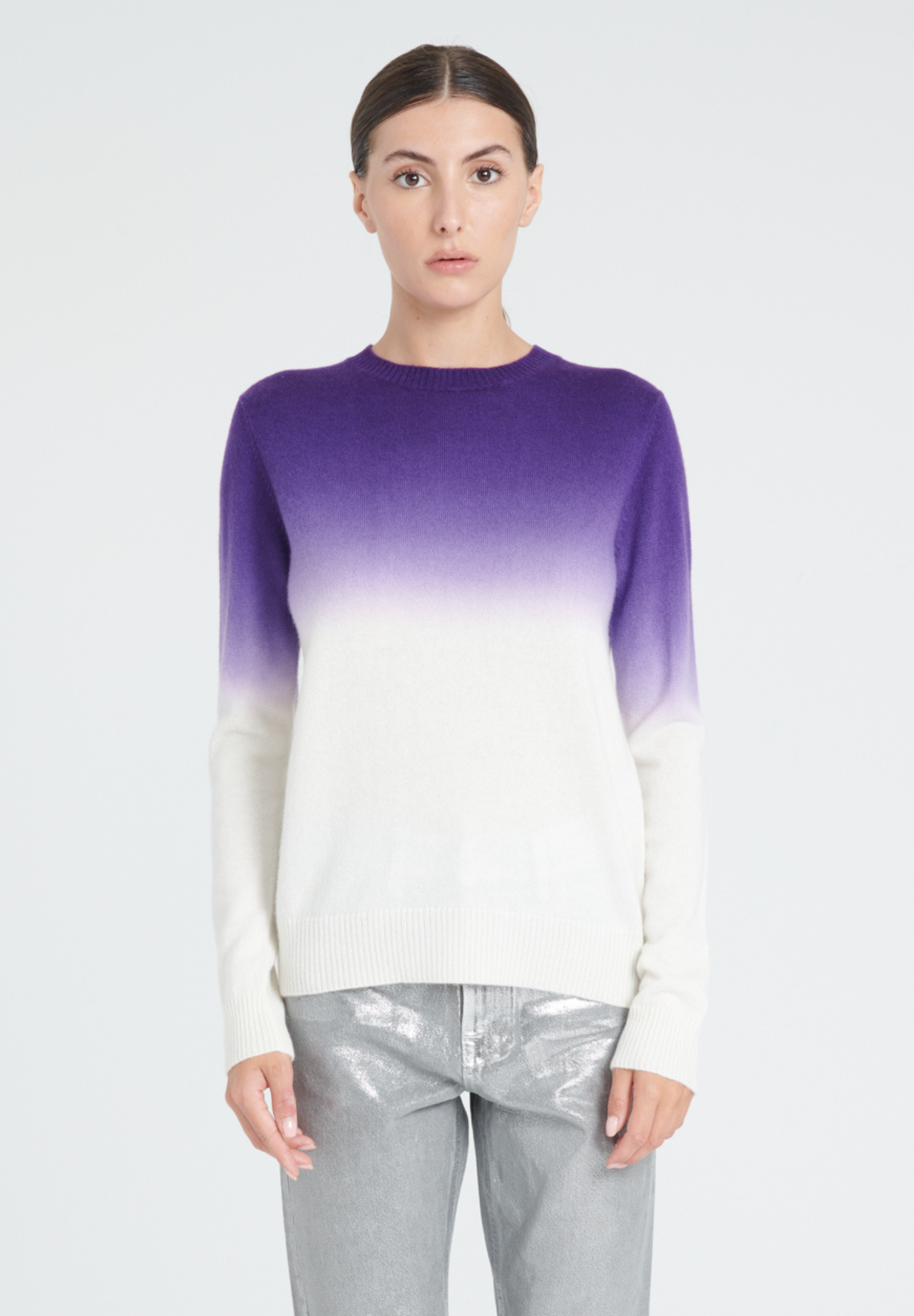 ZAYA 9 Round neck tye &amp; dye sweater in ecru and dark purple cashmere
