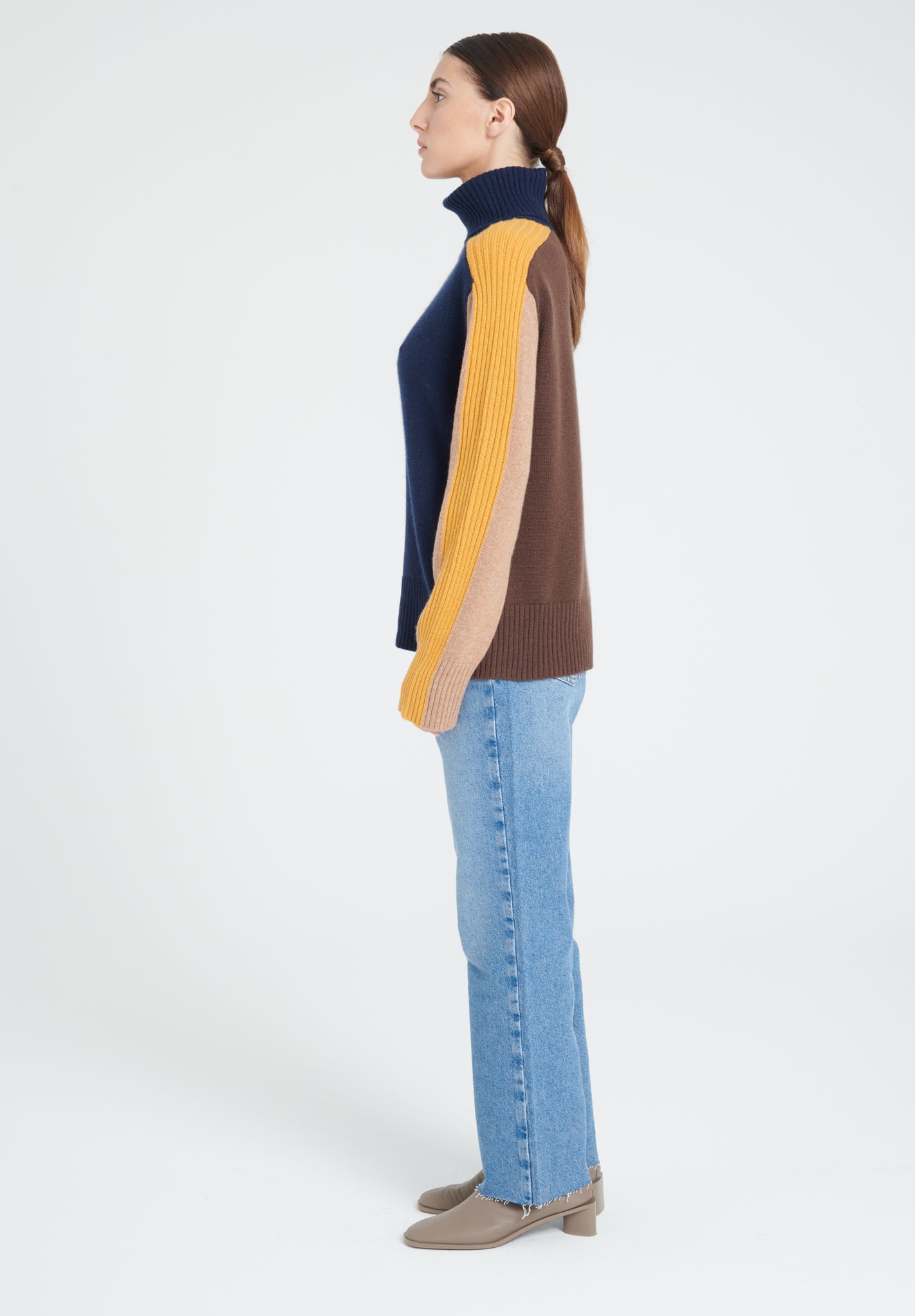 ZAYA 12 Multi-color 4-thread cashmere color block turtleneck sweater