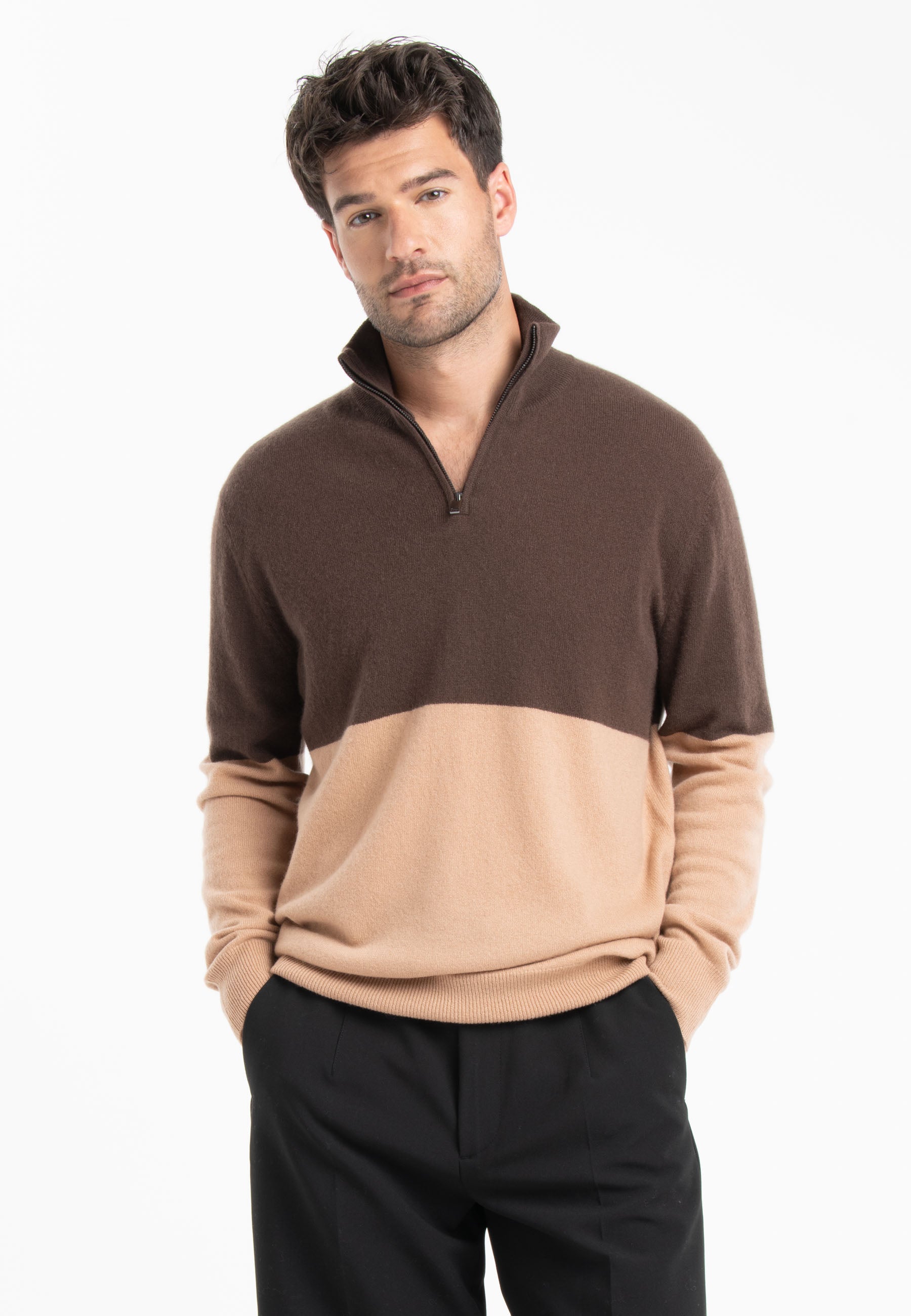 GABI 2 Pull camionneur bicolore en cachemire marron/camel clair