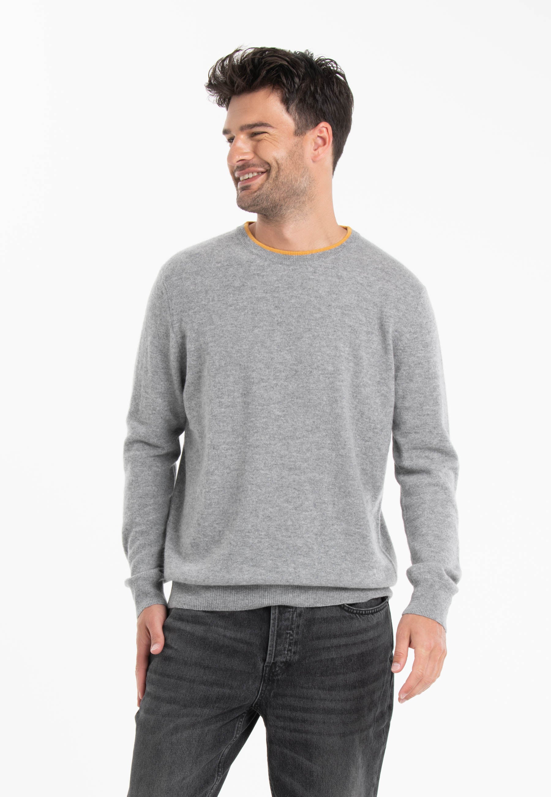 GABI 5 Pull double col rond bicolore en cachemire gris/jaune