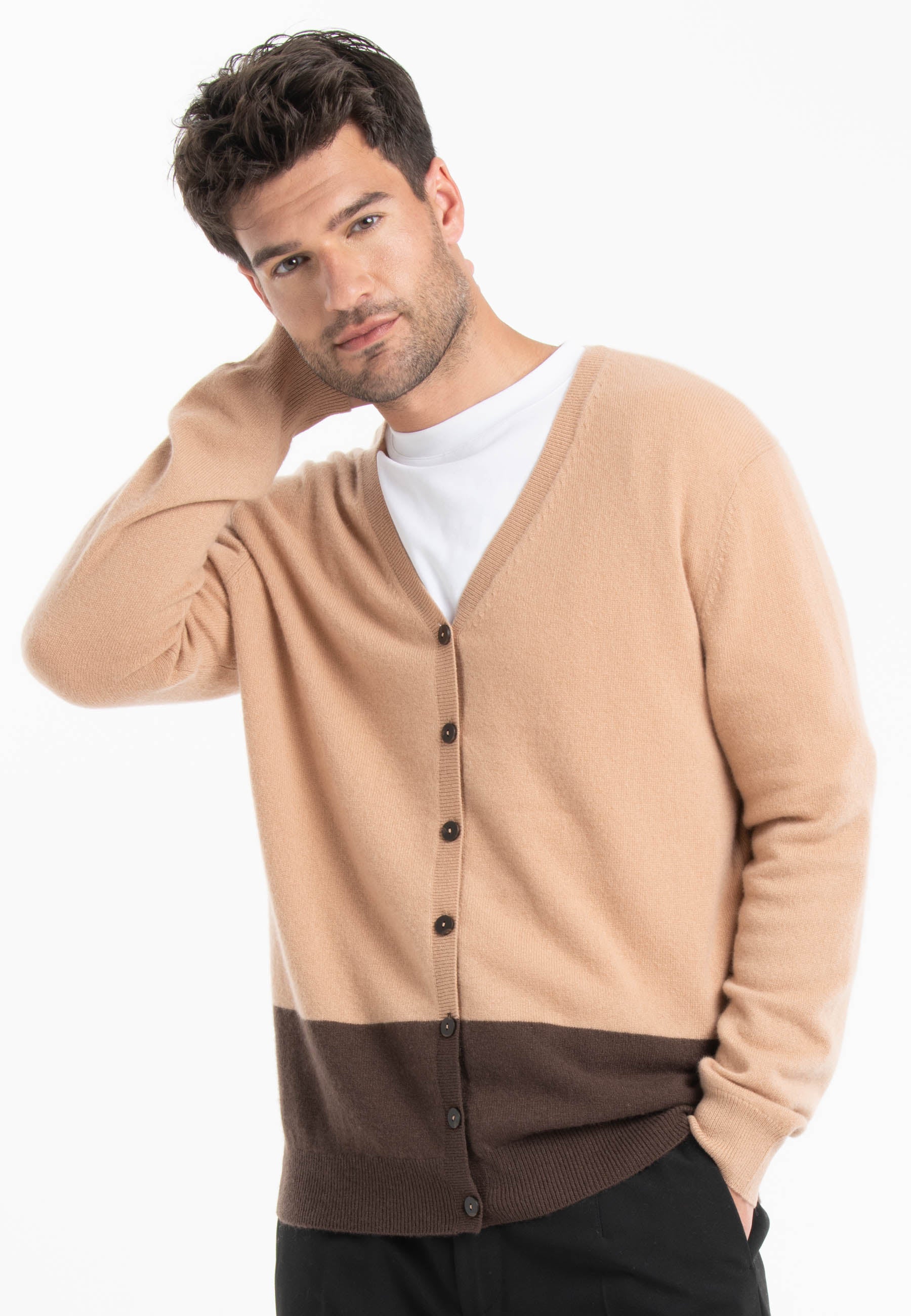 GABI 6 Cardigan col V bicolore en cachemire marron/camel