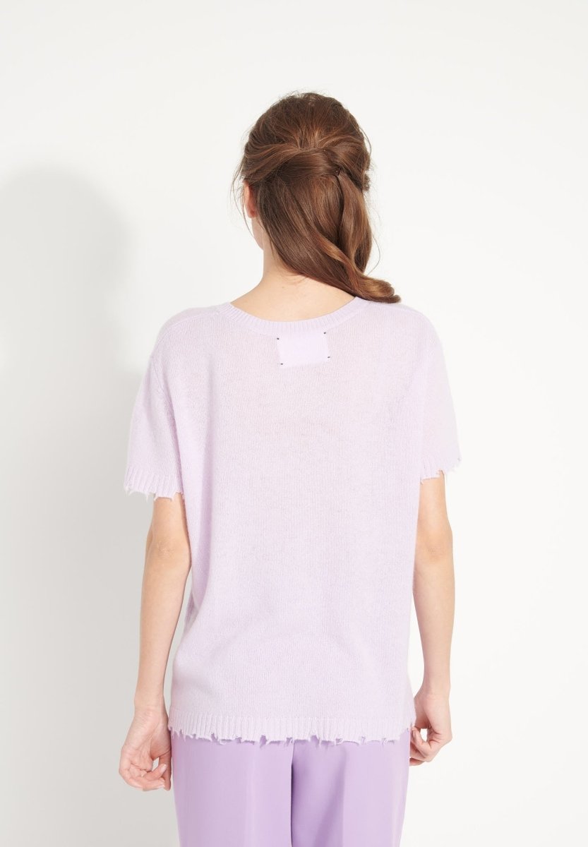 AVA 6 T shirt en cachemire déjaugé col rond manches courtes avec finitions ciselées lilas - Studio cashmere8