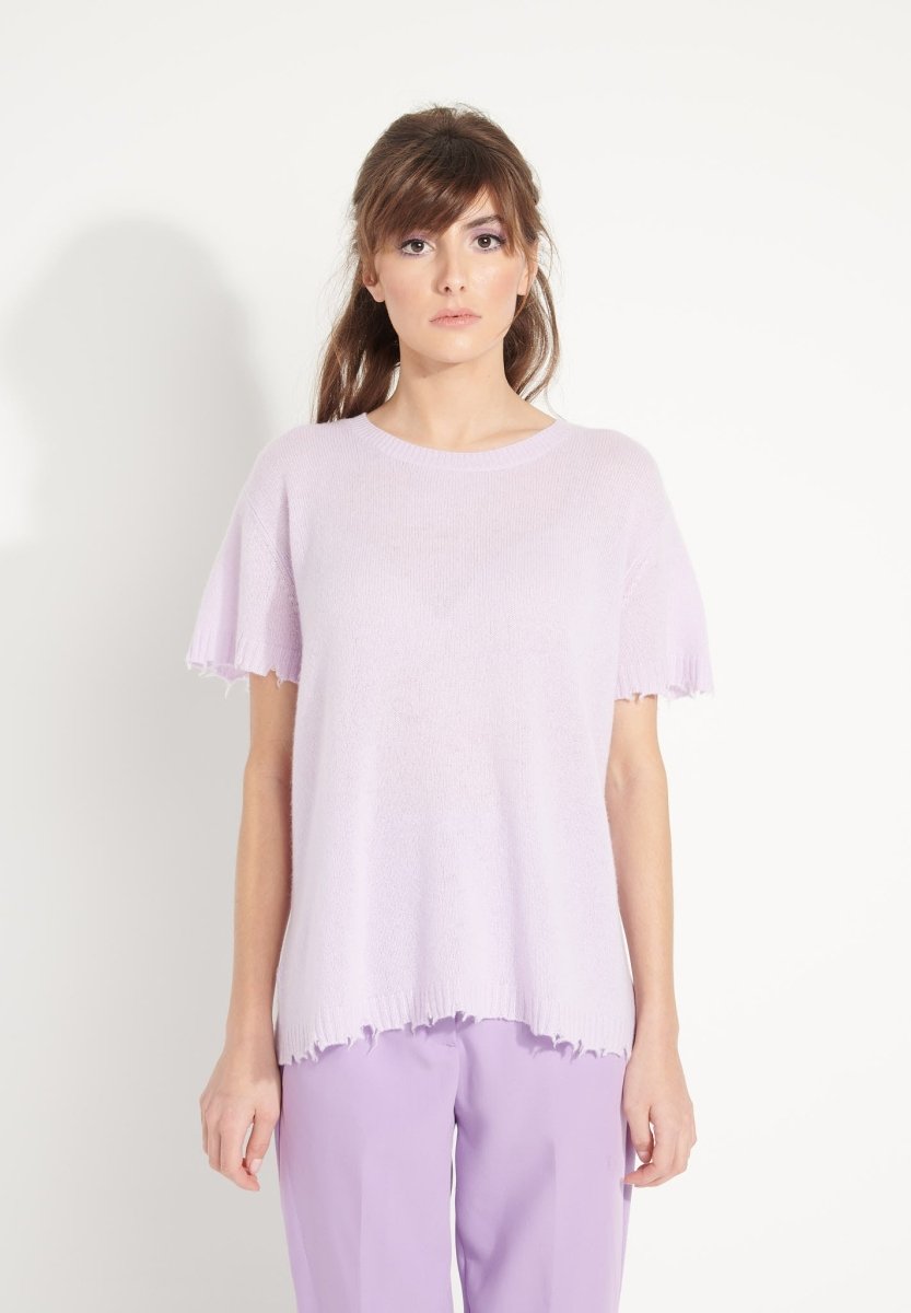 AVA 6 T shirt en cachemire déjaugé col rond manches courtes avec finitions ciselées lilas - Studio cashmere8