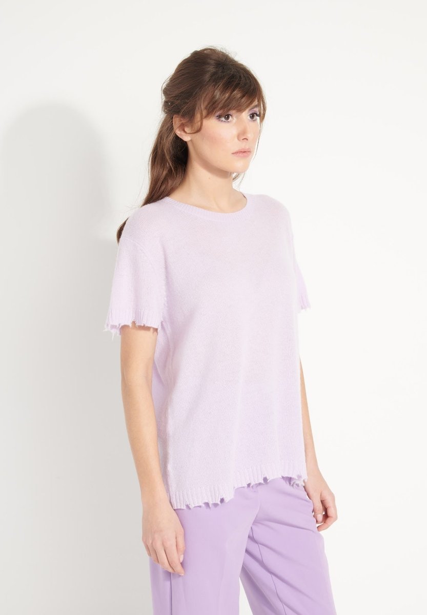 AVA 6 T shirt en cachemire déjaugé col rond manches courtes avec finitions ciselées lilas - Studio cashmere8