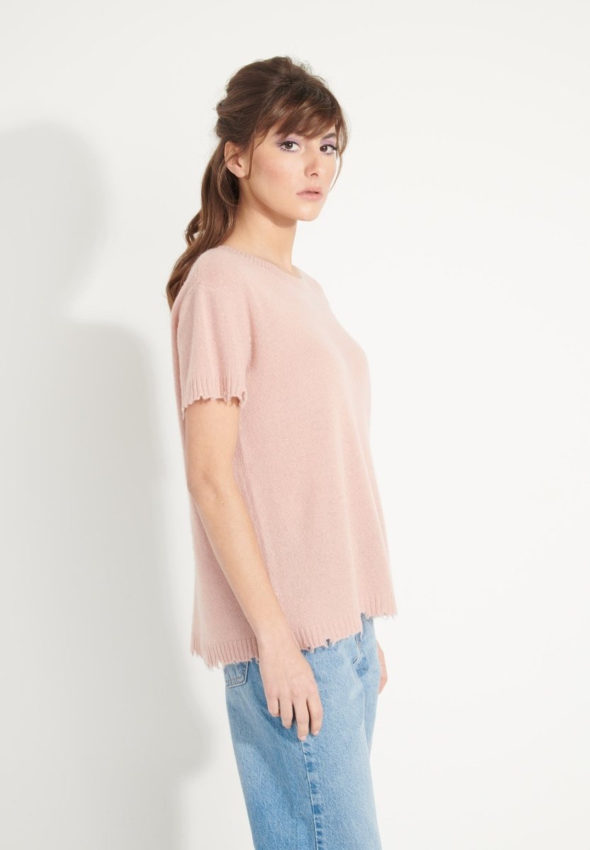 AVA 6 T shirt en cachemire déjaugé col rond manches courtes avec finitions ciselées rose poudré - Studio cashmere8