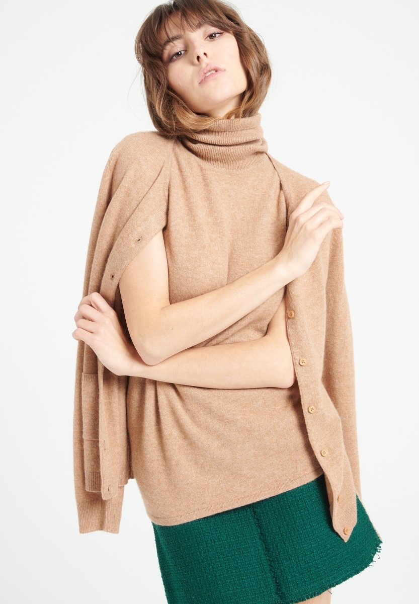 LILLY 13 Pull col roulé sans manches en cachemire camel - Studio cashmere8