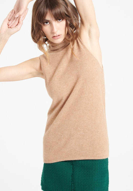 LILLY 13 Pull col roulé sans manches en cachemire camel - Studio cashmere8