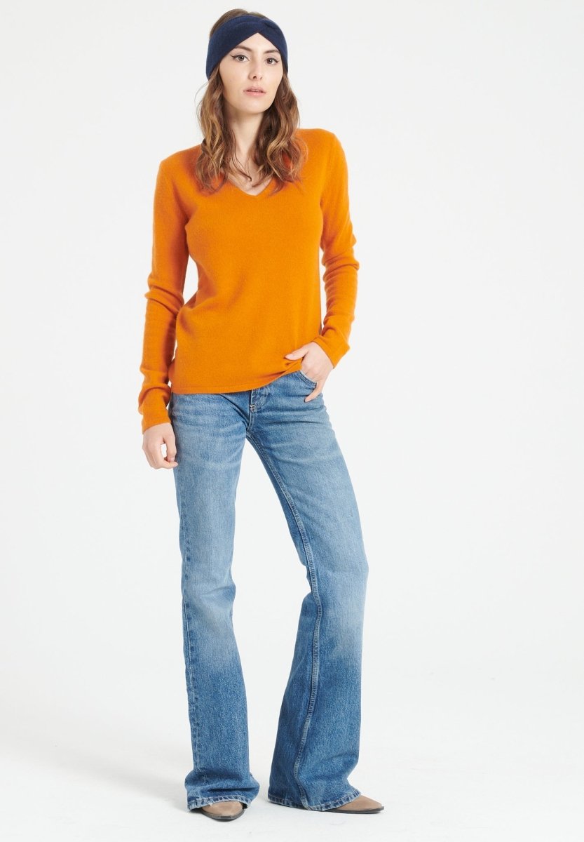 LILLY 2 Pull col V en cachemire orange citrouille - Studio cashmere8