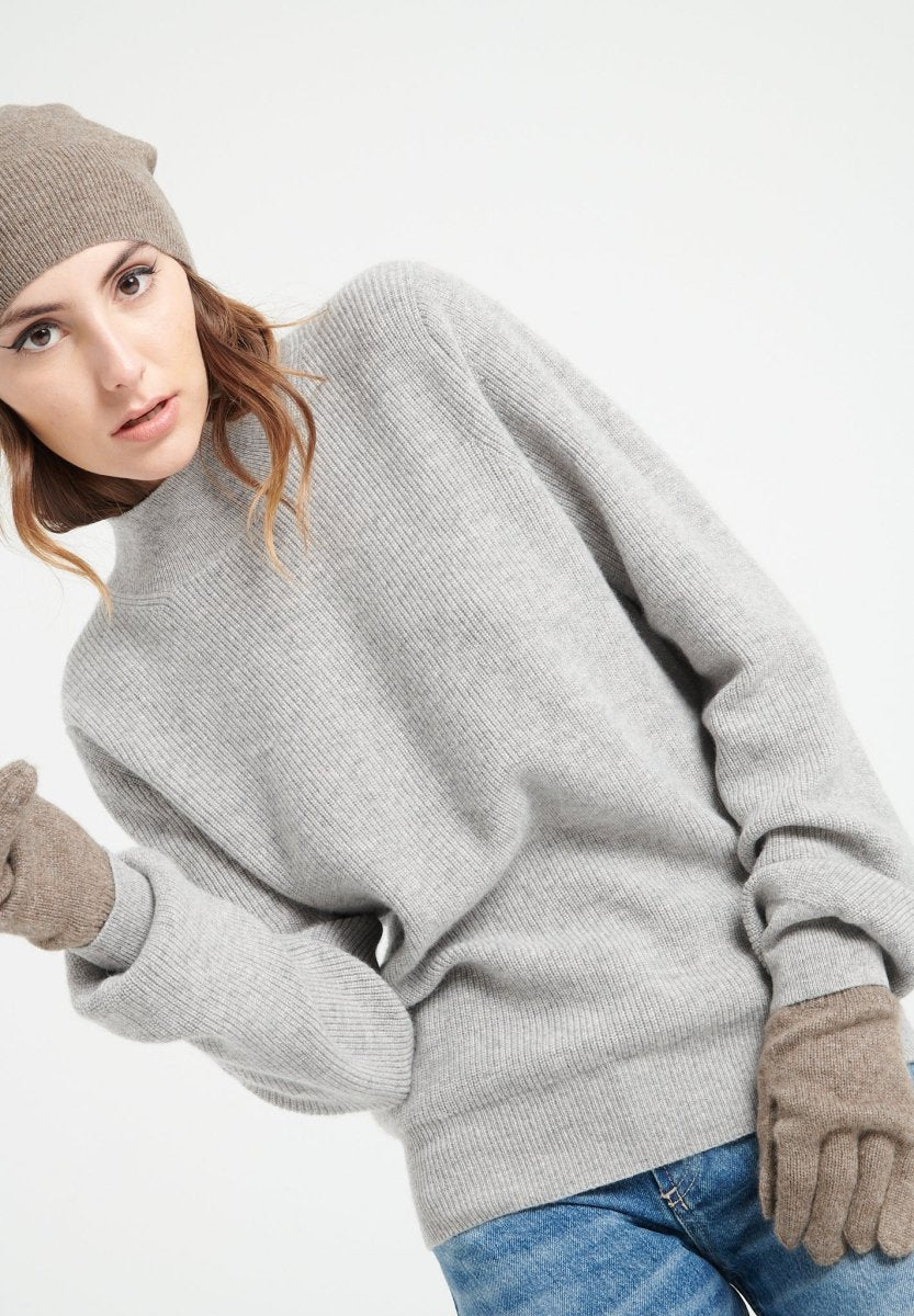 MIA 1 Pull col montant en cachemire à mailles côtelées gris clair - Studio cashmere8