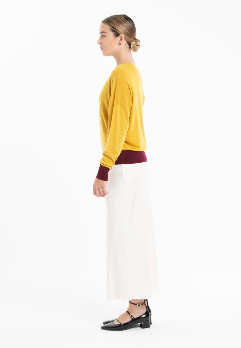 Pull col rond oversize ultrafin cachemire et laine jaune/ rouge bordeaux femme - KELLY 3 - Studio cashmere8