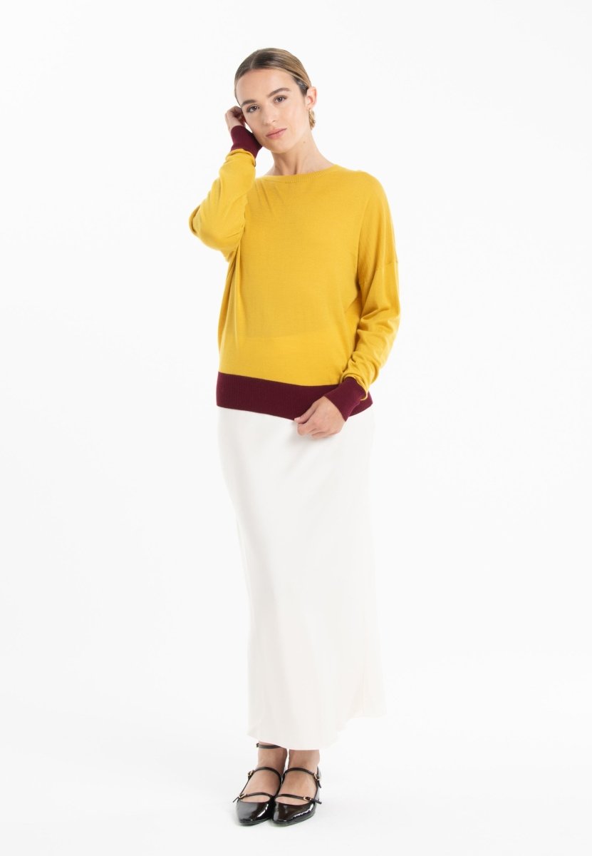 Pull col rond oversize ultrafin cachemire et laine jaune/ rouge bordeaux femme - KELLY 3 - Studio cashmere8