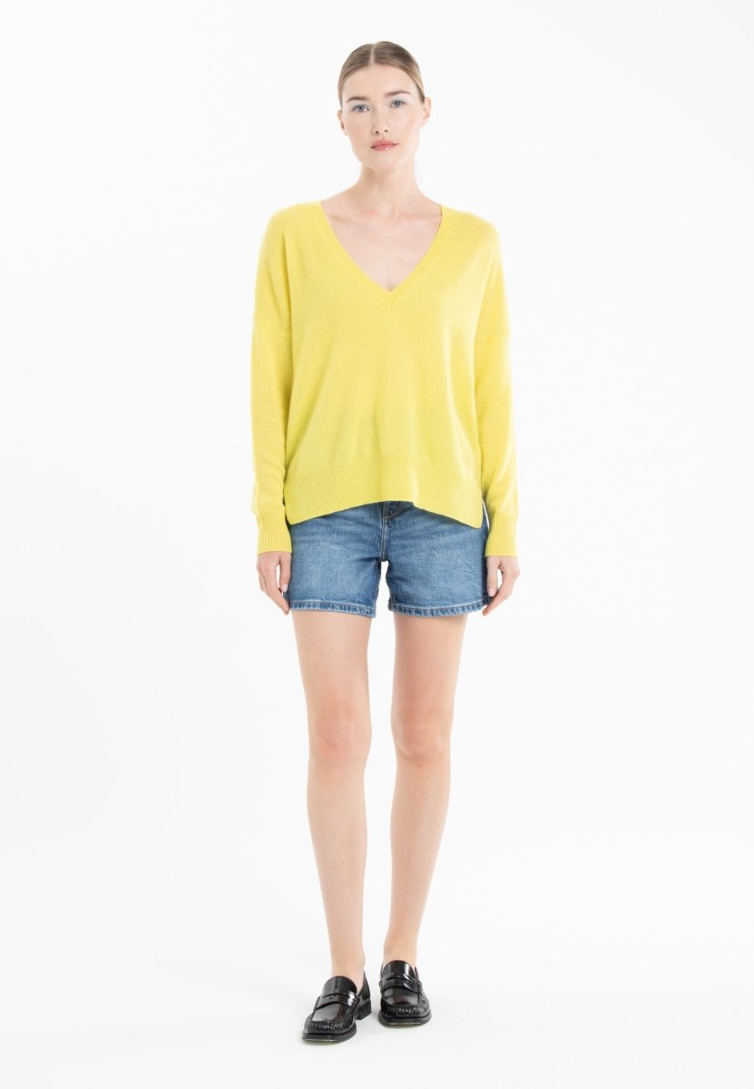 Pull col V en cachemire jaune fluo/ rose barbie femme - NAMI 23 - Studio cashmere8