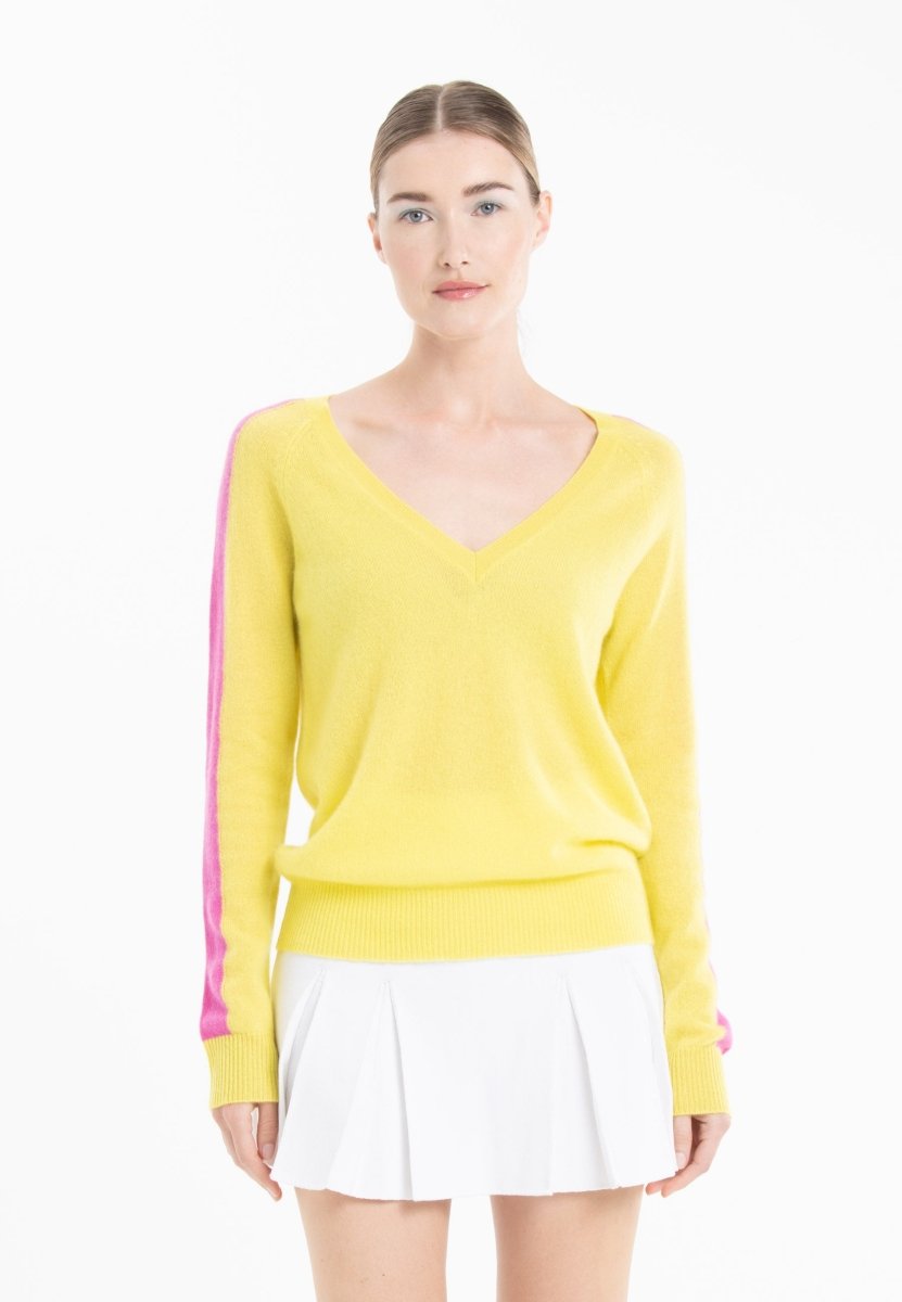 Pull col V en cachemire jaune fluo/ rose barbie femme - RIA 1 - Studio cashmere8