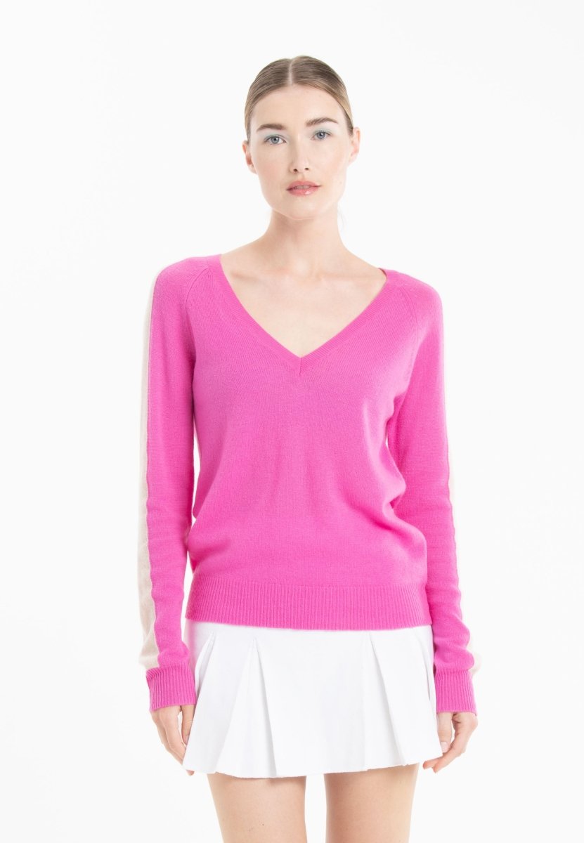 Pull col V en cachemire rose barbie/ skin femme - RIA 1 - Studio cashmere8