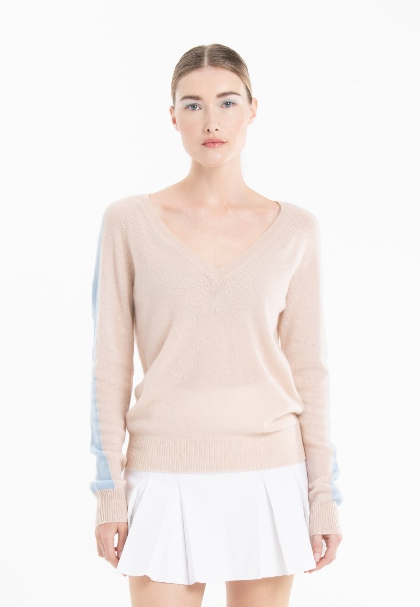 Pull col V en cachemire skin/ baby blue femme - RIA 1 - Studio cashmere8