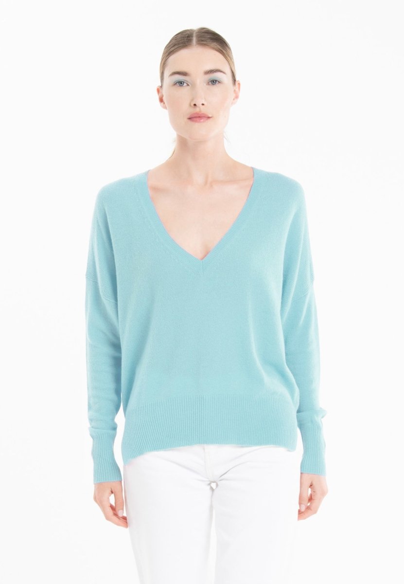 Pull col V en cachemire turquoise femme - RIA 3 - Studio cashmere8