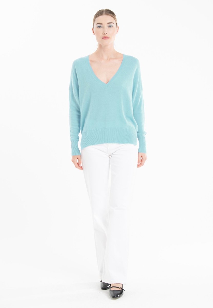 Pull col V en cachemire turquoise femme - RIA 3 - Studio cashmere8