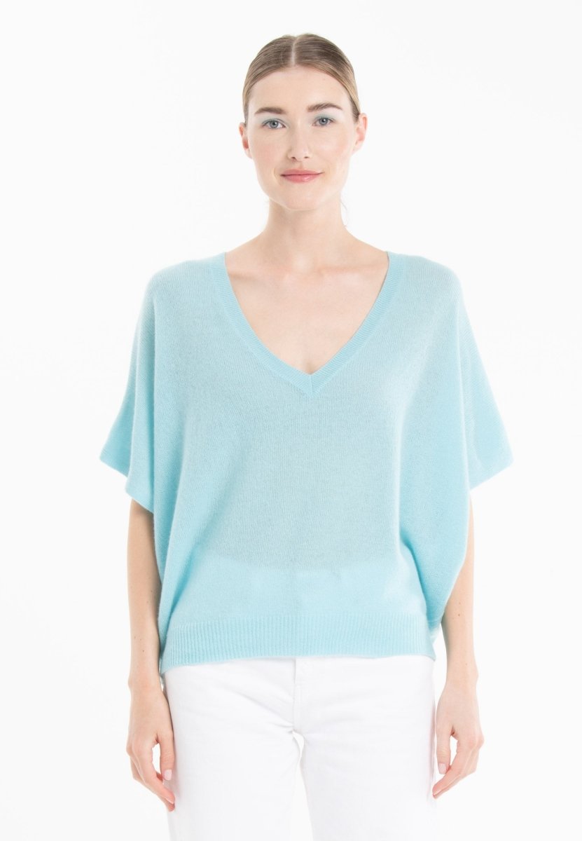 Pull col V manches chauve souris en cachemire turquoise femme - RIA 25 - Studio cashmere8