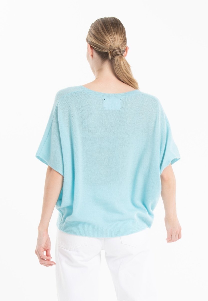 Pull col V manches chauve souris en cachemire turquoise femme - RIA 25 - Studio cashmere8