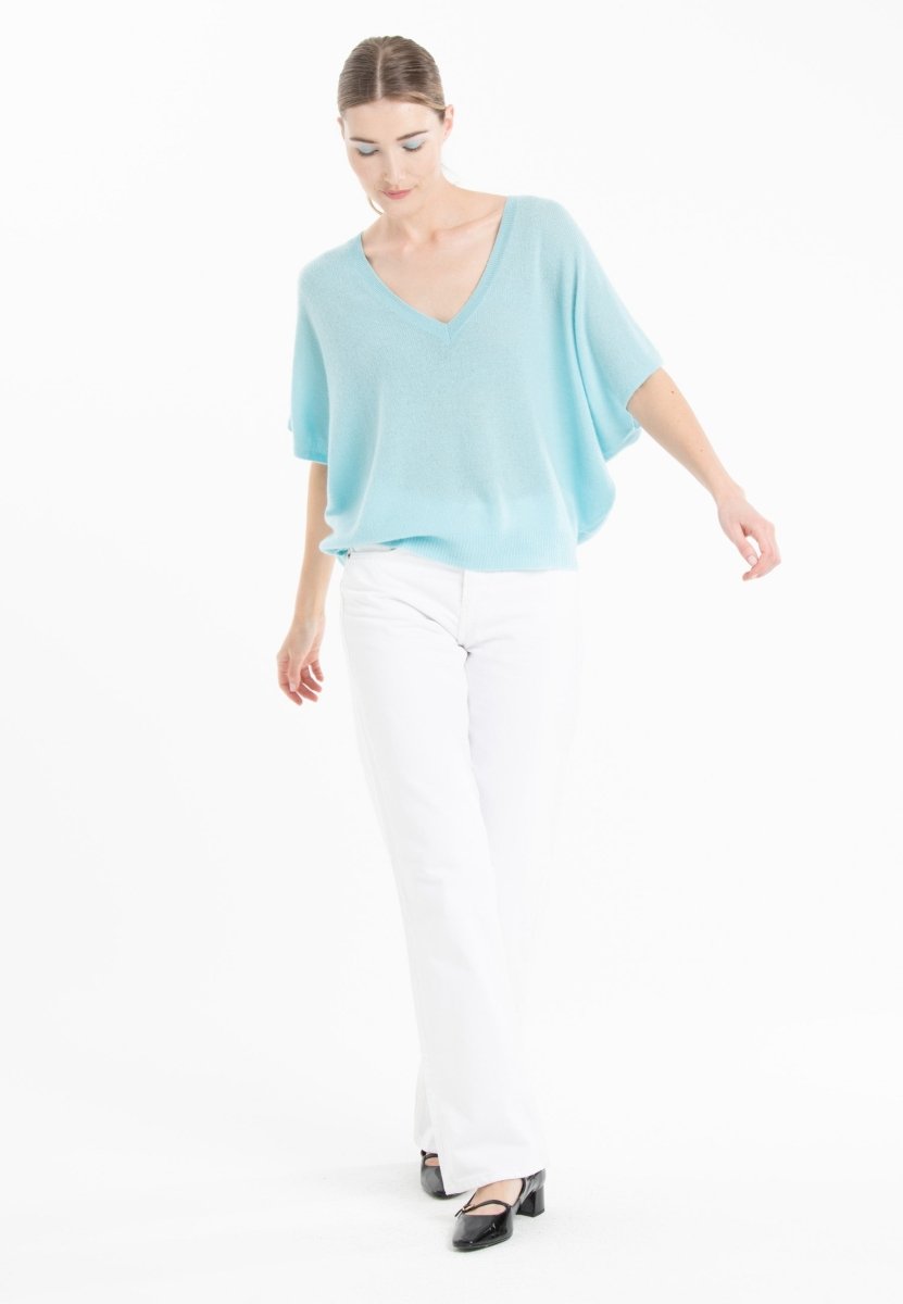 Pull col V manches chauve souris en cachemire turquoise femme - RIA 25 - Studio cashmere8