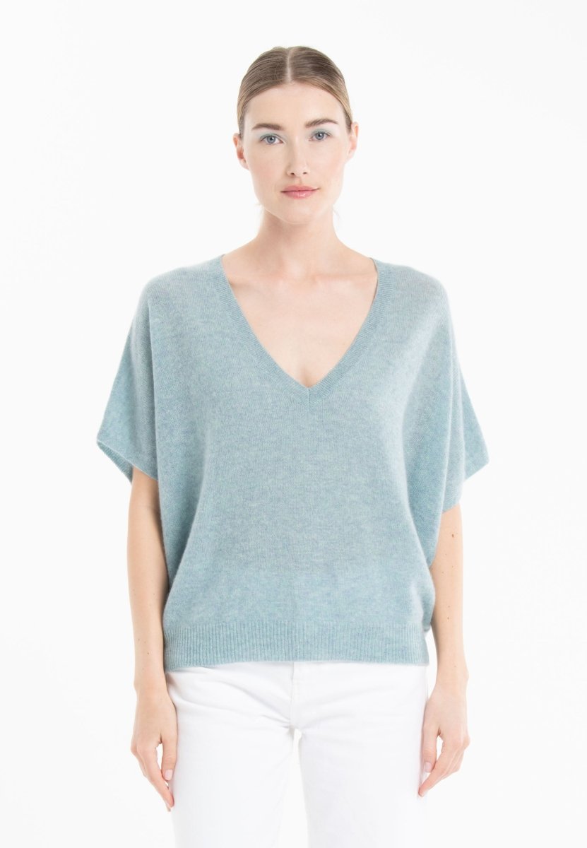 Pull col V manches chauve souris en cachemire vert d'eau femme - RIA 25 - Studio cashmere8