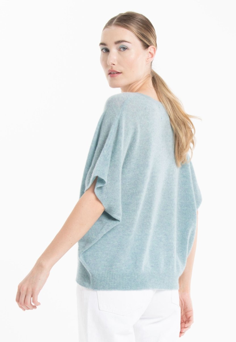 Pull col V manches chauve souris en cachemire vert d'eau femme - RIA 25 - Studio cashmere8