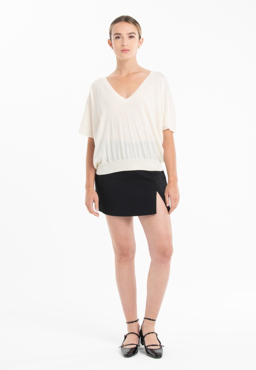 Pull col V manches chauve souris ultrafin cachemire et laine blanc femme - KELLY 6 - Studio cashmere8