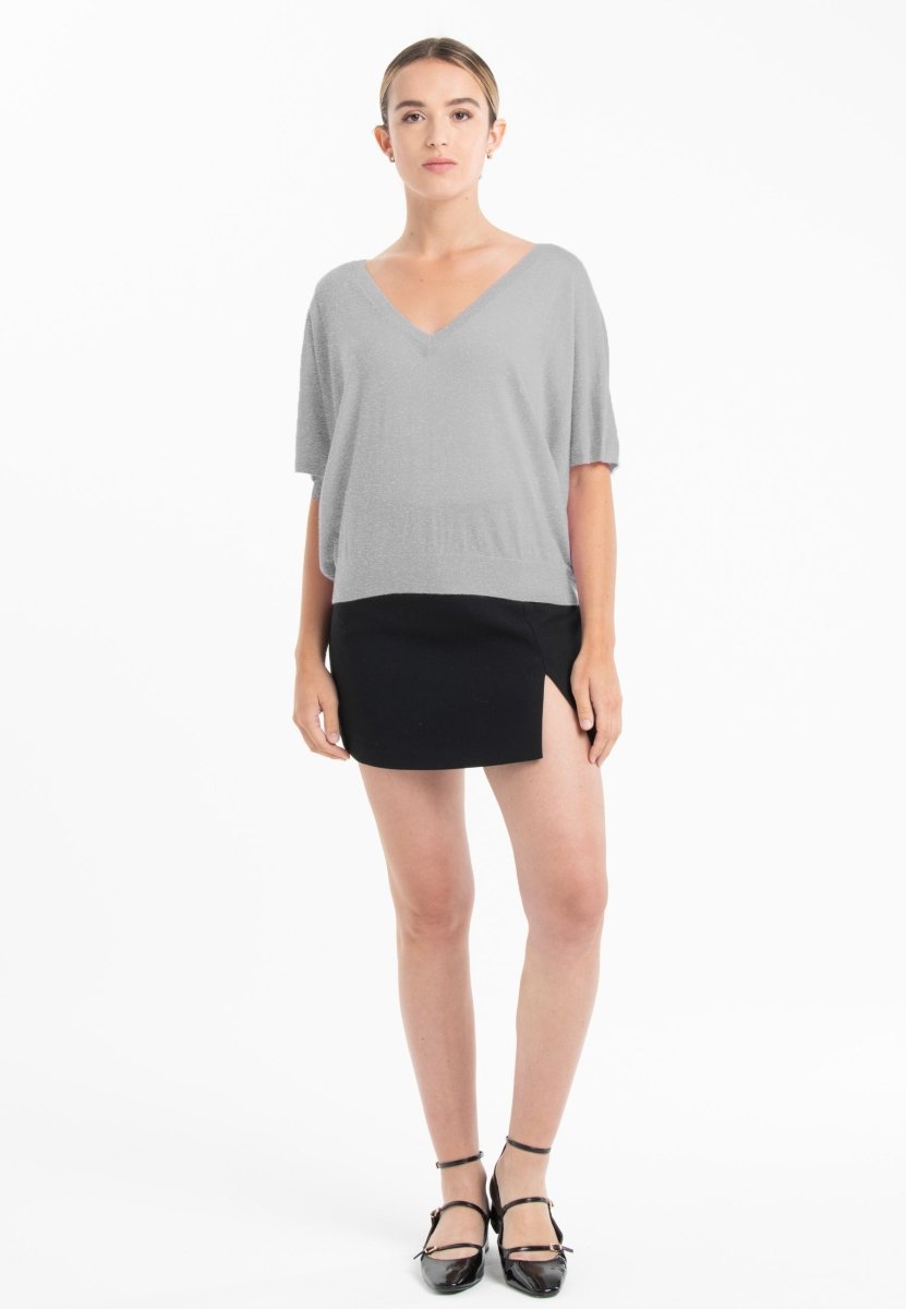 Pull col V manches chauve souris ultrafin cachemire et laine gris femme - KELLY 6 - Studio cashmere8