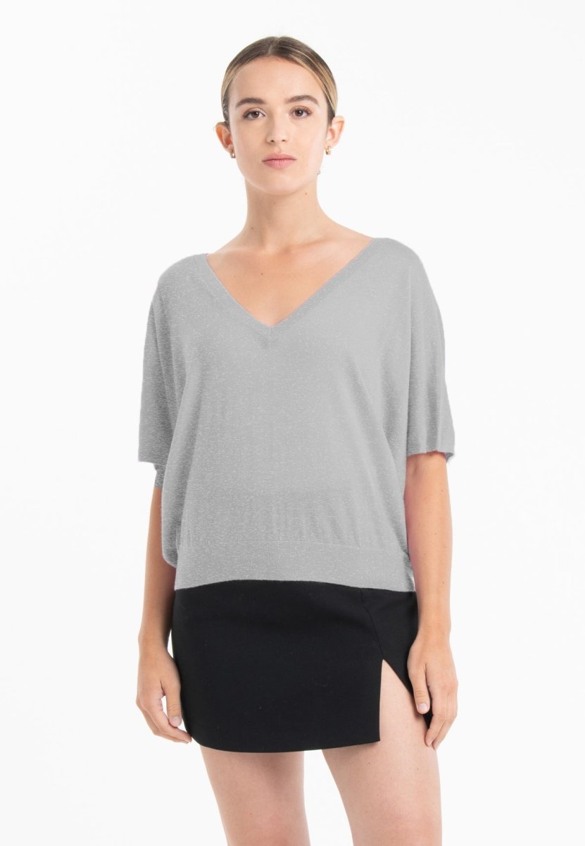 Pull col V manches chauve souris ultrafin cachemire et laine gris femme - KELLY 6 - Studio cashmere8