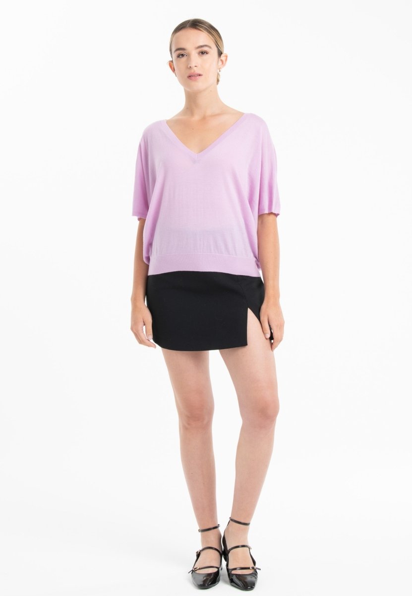 Pull col V manches chauve souris ultrafin cachemire et laine lavande femme - KELLY 6 - Studio cashmere8