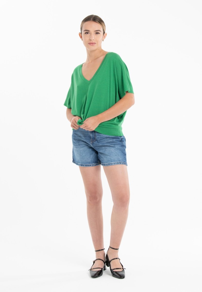 Pull col V manches chauve souris ultrafin cachemire et laine vert femme - KELLY 6 - Studio cashmere8