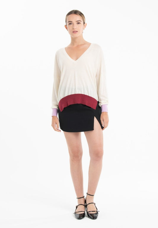 Pull col V oversize ultrafin cachemire et laine blanc/ lavande/ rouge femme - KELLY 10 - Studio cashmere8