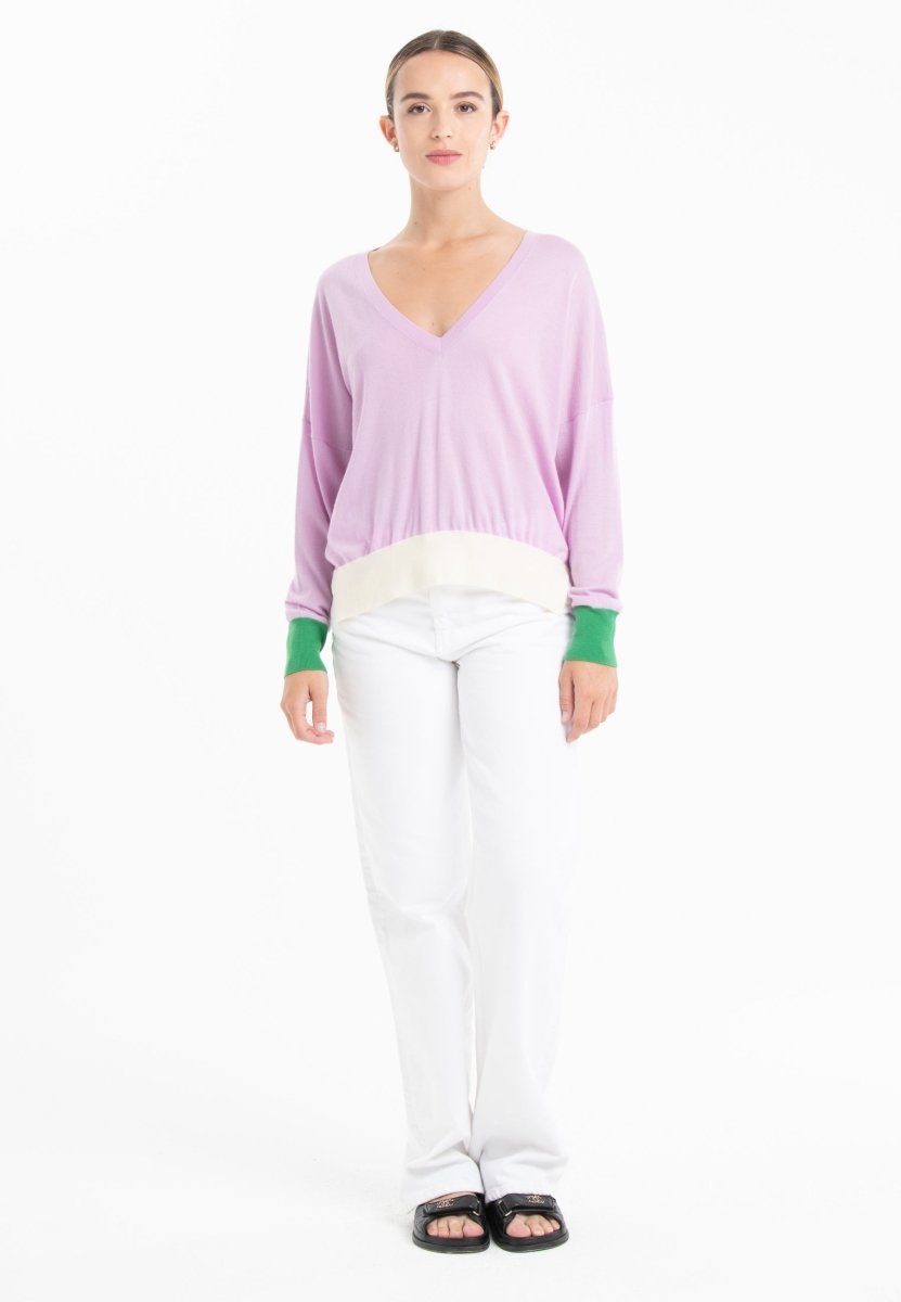 Pull col V oversize ultrafin cachemire et laine lavande/ vert/ blanc femme - KELLY 10 - Studio cashmere8