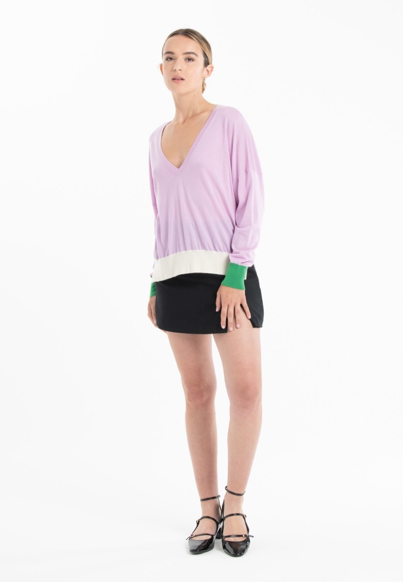 Pull col V oversize ultrafin cachemire et laine lavande/ vert/ blanc femme - KELLY 10 - Studio cashmere8