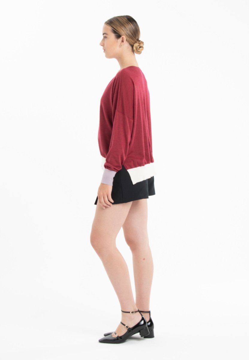 Pull col V oversize ultrafin cachemire et laine rouge/ violet/ blanc femme - KELLY 10 - Studio cashmere8