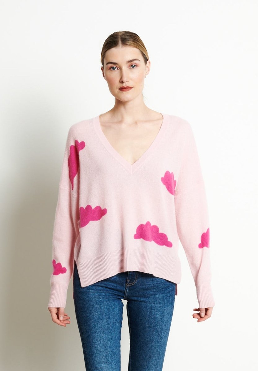 RIA 20 Pull col V oversize imprimé nuage en cachemire rose baby/rose indien - Studio cashmere8