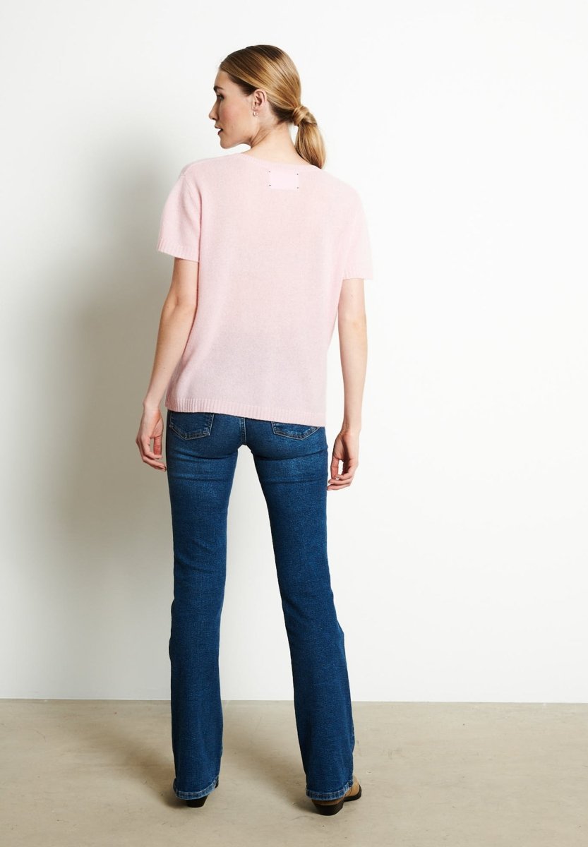 RIA 5 T-shirt col V en cachemire imprimé paon rose baby - Studio cashmere8