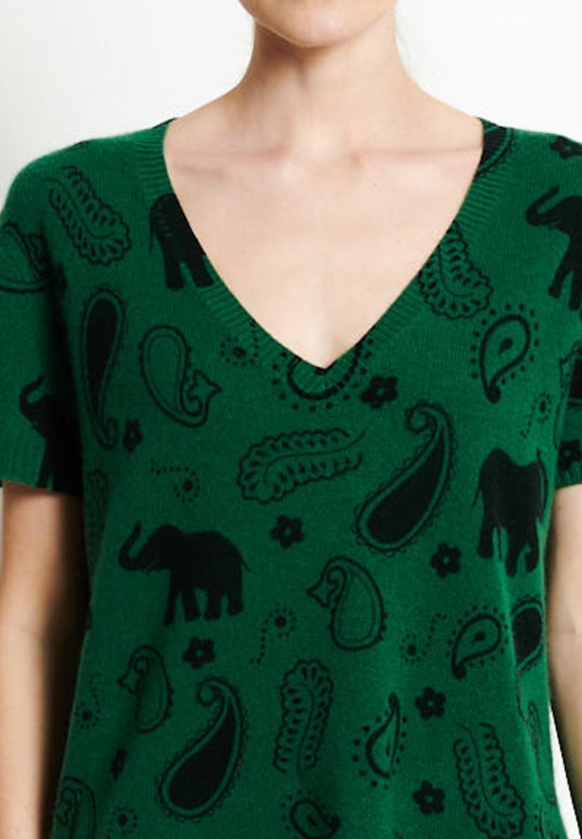 RIA 6 T-shirt col V en cachemire imprimé éléphant vert émeraude - Studio cashmere8