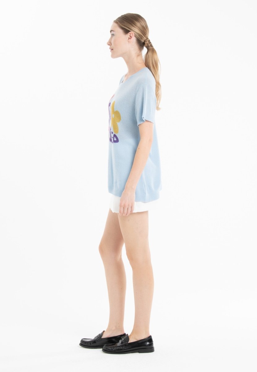 T-shirt col rond en cachemire baby blue imprimé femme - KELLY 18 - Studio cashmere8