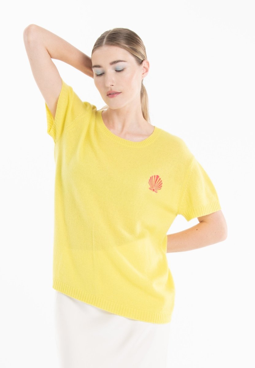 T-shirt col rond en cachemire jaune fluo brodé femme - KELLY 15 - Studio cashmere8