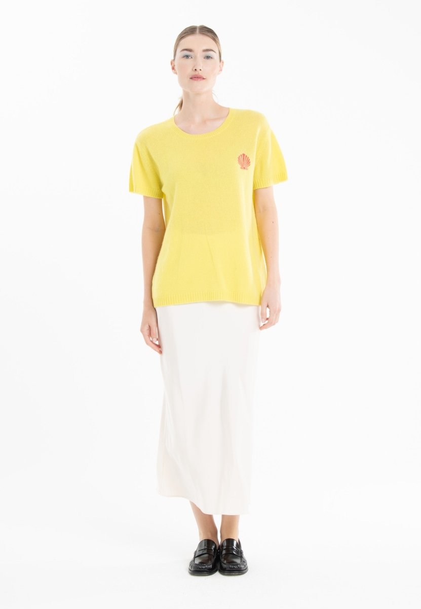 T-shirt col rond en cachemire jaune fluo brodé femme - KELLY 15 - Studio cashmere8