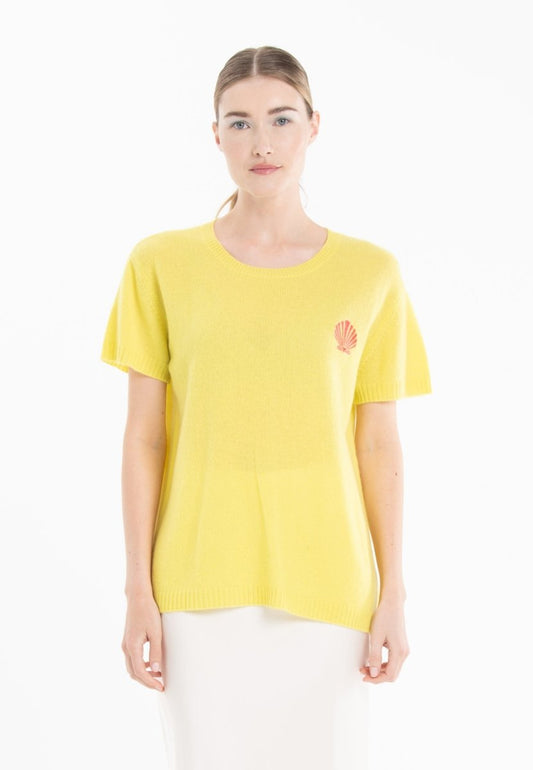 T-shirt col rond en cachemire jaune fluo brodé femme - KELLY 15 - Studio cashmere8