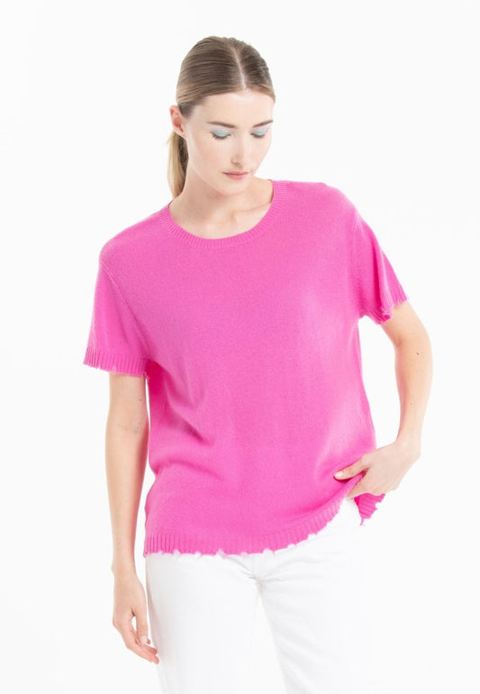 T-shirt col rond en cachemire rose barbie femme - AVA 6 - Studio cashmere8