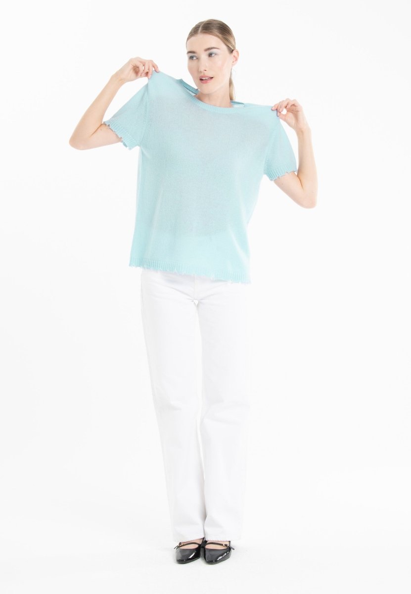 T-shirt col rond en cachemire turquoise femme - AVA 6 - Studio cashmere8