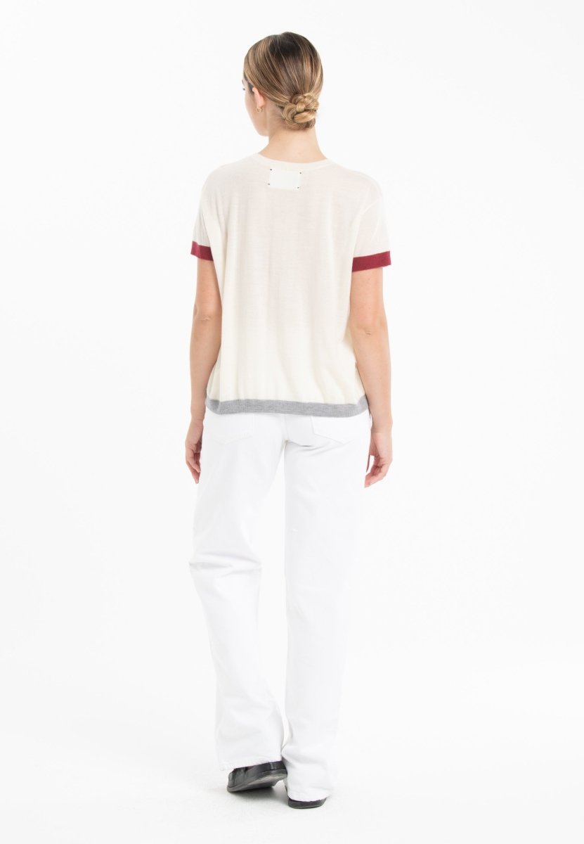 T-shirt col rond tricolore ultrafin cachemire et laine blanc/ rouge/ gris femme - KELLY 8 - Studio cashmere8