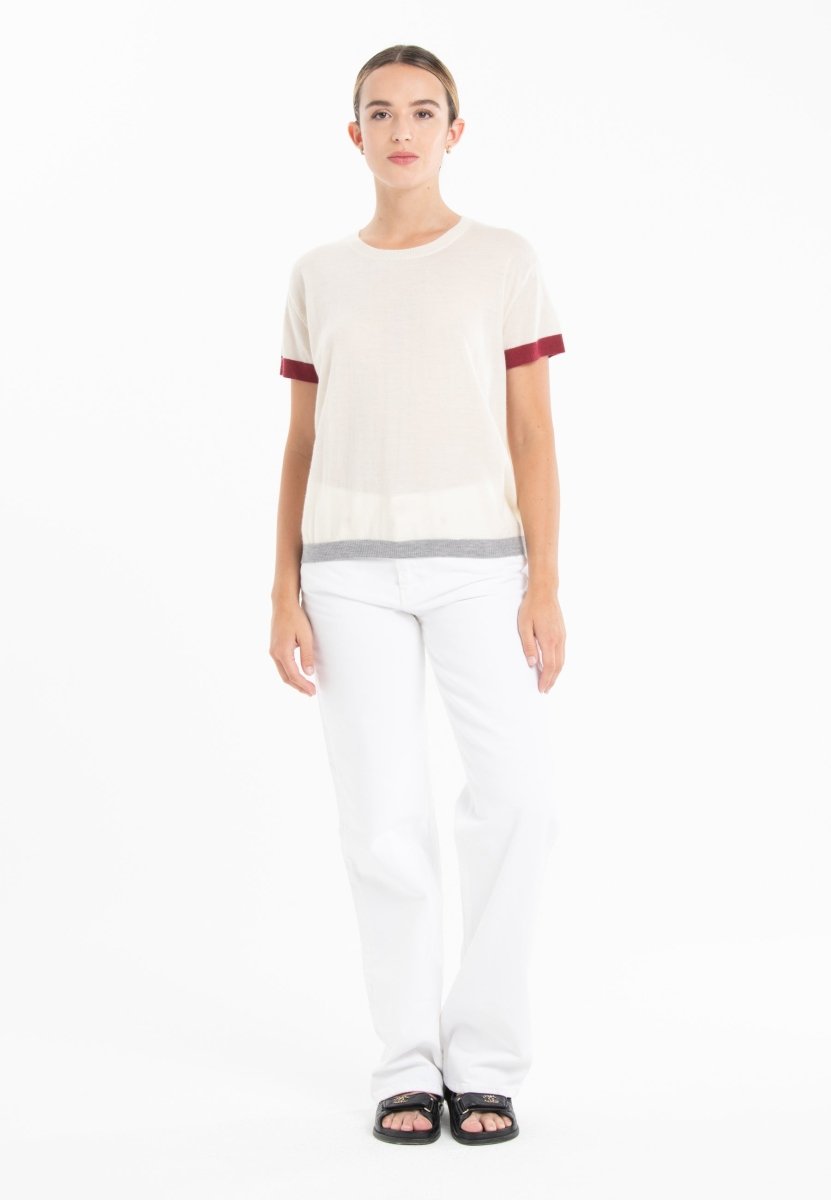 T-shirt col rond tricolore ultrafin cachemire et laine blanc/ rouge/ gris femme - KELLY 8 - Studio cashmere8