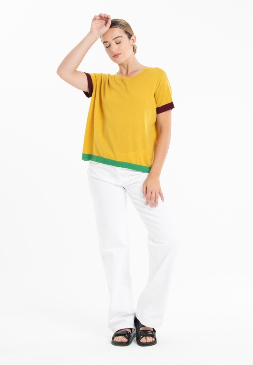 T-shirt col rond tricolore ultrafin cachemire et laine jaune/ rouge bordeaux/ vert femme - KELLY 8 - Studio cashmere8