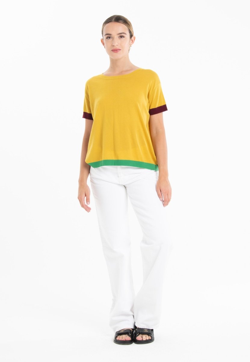 T-shirt col rond tricolore ultrafin cachemire et laine jaune/ rouge bordeaux/ vert femme - KELLY 8 - Studio cashmere8