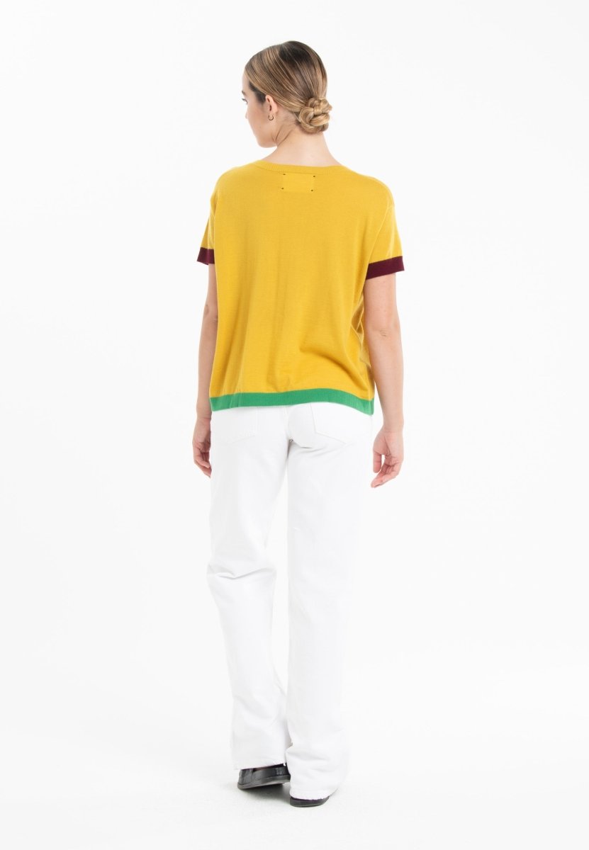 T-shirt col rond tricolore ultrafin cachemire et laine jaune/ rouge bordeaux/ vert femme - KELLY 8 - Studio cashmere8